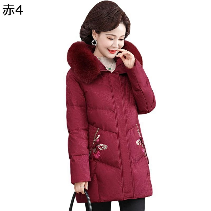 レディースパファージャケット レディース コットンジャケット ファー付きフード 刺繍 花 花柄 ポケット 長袖 トップス 綿服 やわらか 婦人 シニアアウター 秋冬 高齢者 老人 50-70代 カジュ