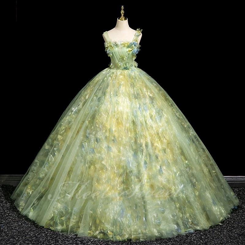 カラードレス ライトグリーン ノースリーブ フラワー 演奏会 発表会 二次会 花嫁 ウエディングドレス 妖精 ウェディングドレス ファンタジック プリンセスドレス
