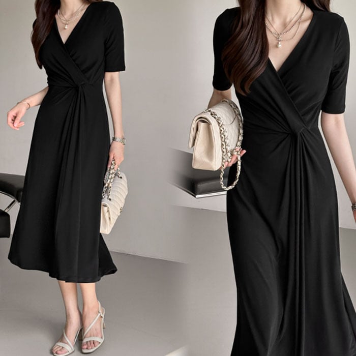 ワンピース 夏 ロングワンピース 半袖 Ｖネック タイト 春 大人