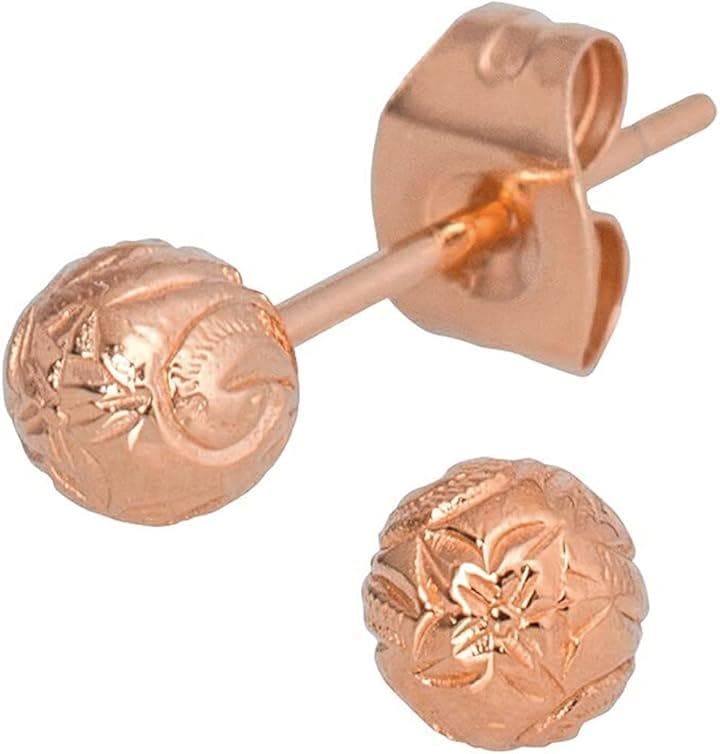 サージカルステンレス製 ハワイアンジュエリー ボール プルメリア スクロール 金属アレルギー対応 ピアス(ピンクゴールド)