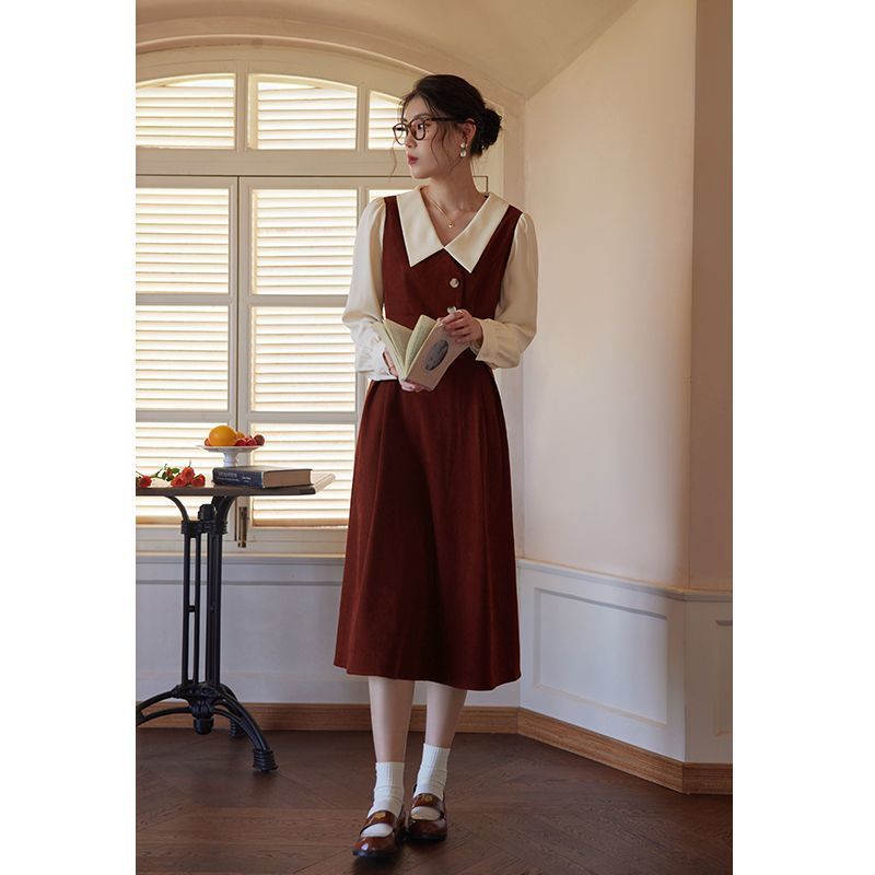 太った女の子のためのワンピースプラスサイズ婦人服フレンチシャツロングスカート痩身偽ツーピースドレス