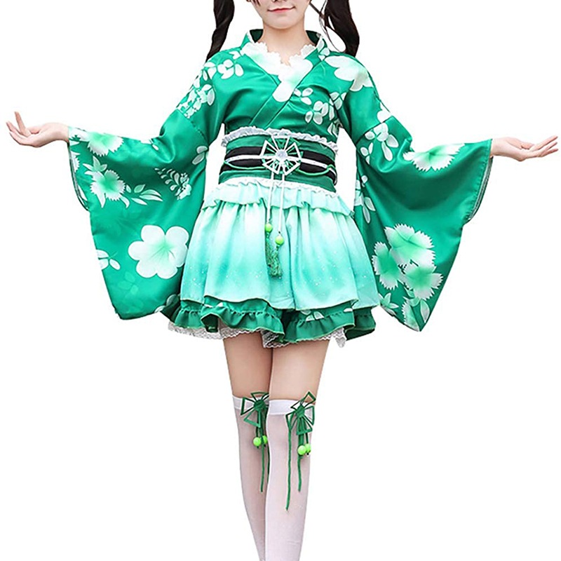 コスプレ アニメ ワンピース仮装 婦人向け レディース 短い着物 帯付 ゴシック ロリータ 浴衣 ドレス ワンピース コスト ハロウィン 可愛い メイド服 衣装 緑