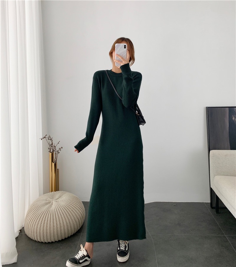 エクストラロングニットワンピース女性秋冬新作ルーズボトム膝丈バックスプリットセーターワンピースロングスカート