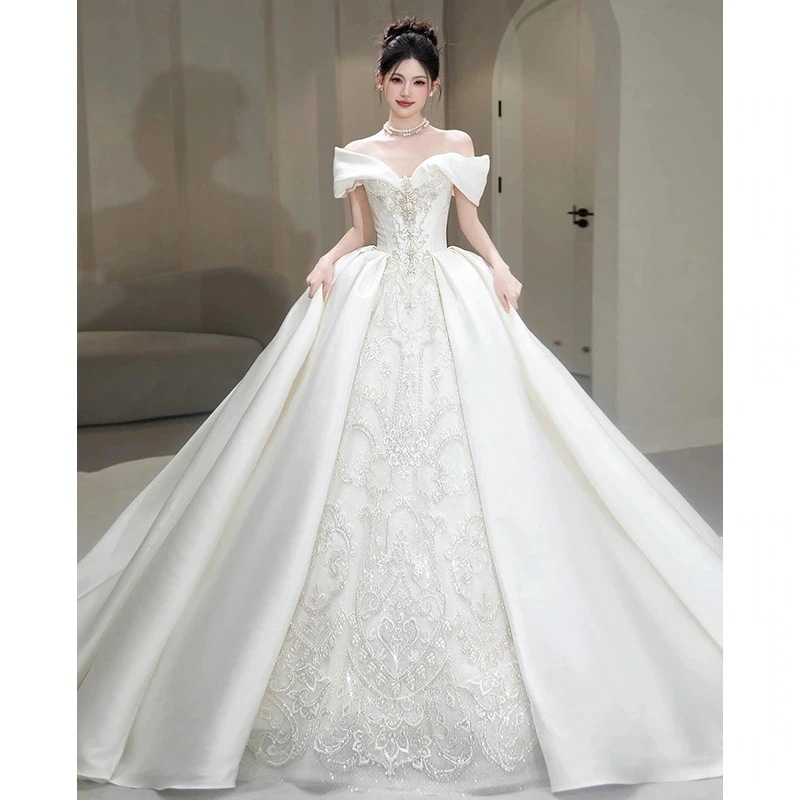 ワンショルダー サテン メイン ウェディングドレス 花嫁 2025 プリンセス気質 ハイエンド 妊婦