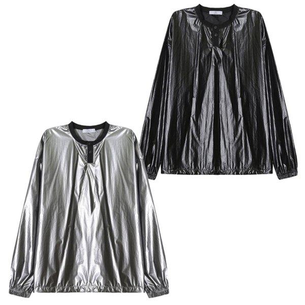 メンズ グロッシー ボタン ラウンド スウェットシャツ 長袖 バンディング Tシャツ AC-TSA-Q037