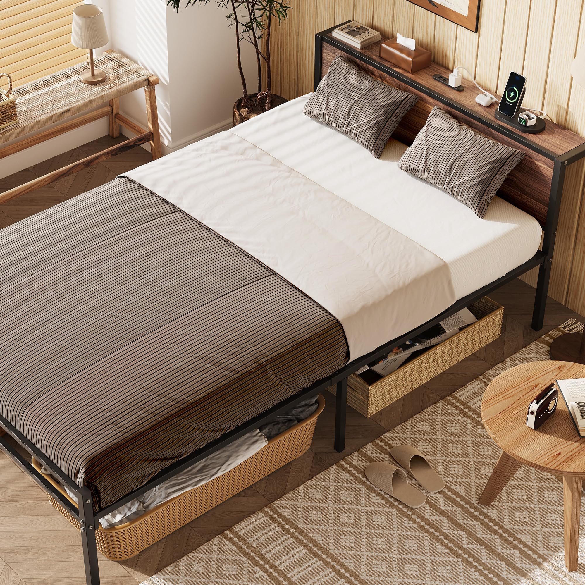 WLIVE ベッドフレーム 宮棚付き 2口コンセント すのこベッド セミダブル スチールベッド 収納付き ベッド下収納 カビ防止 耐荷重250kg ハイタイプ ベッドフレーム単品 ウォールナット×ブラ
