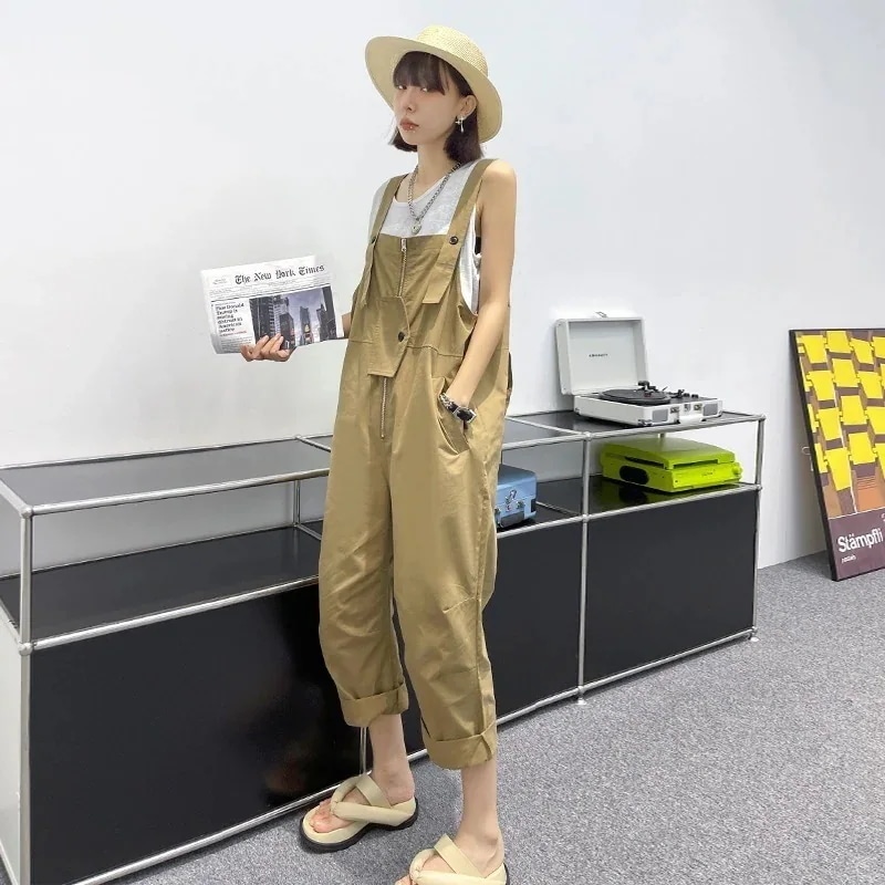 ワークウェアビブパンツ レディース 夏 薄手 ゆったり スリム ファッション カジュアル マルチポケット ストレート 9分丈パンツ ビブパンツ