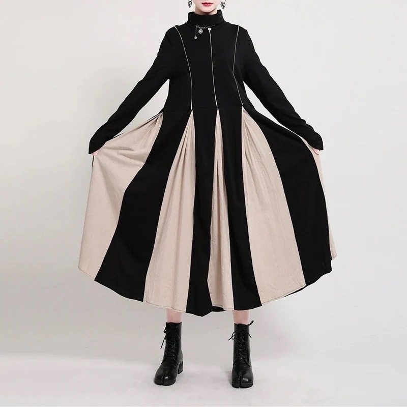【J.Fashion】 ドッキングワンピース ロングワンピース タートルネック 大きい裾 レディース 長袖 ニットワンピース 日焼け止め ドレス メガ割