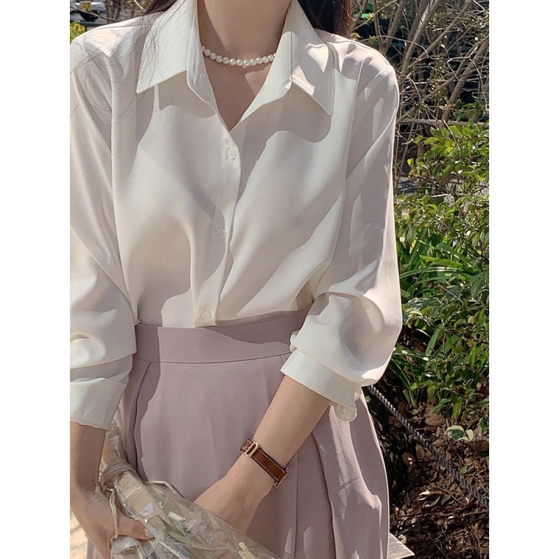 【1つ買うと10つ無料】女性の外側と内側の服を着た女性のための春の女性の長袖の白いシャツスタイルのレイヤード女性のファッショナブル