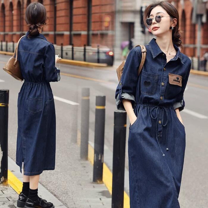 デニム ワンピース ワンピ ドレス シャツワンピ 袖あり レディース エレガント きれいめ カジュアル 長袖 七分袖 大人 可愛い フェミニン ミモレ丈 ドロスト シンプル 体型カバー 青 ブルー 春