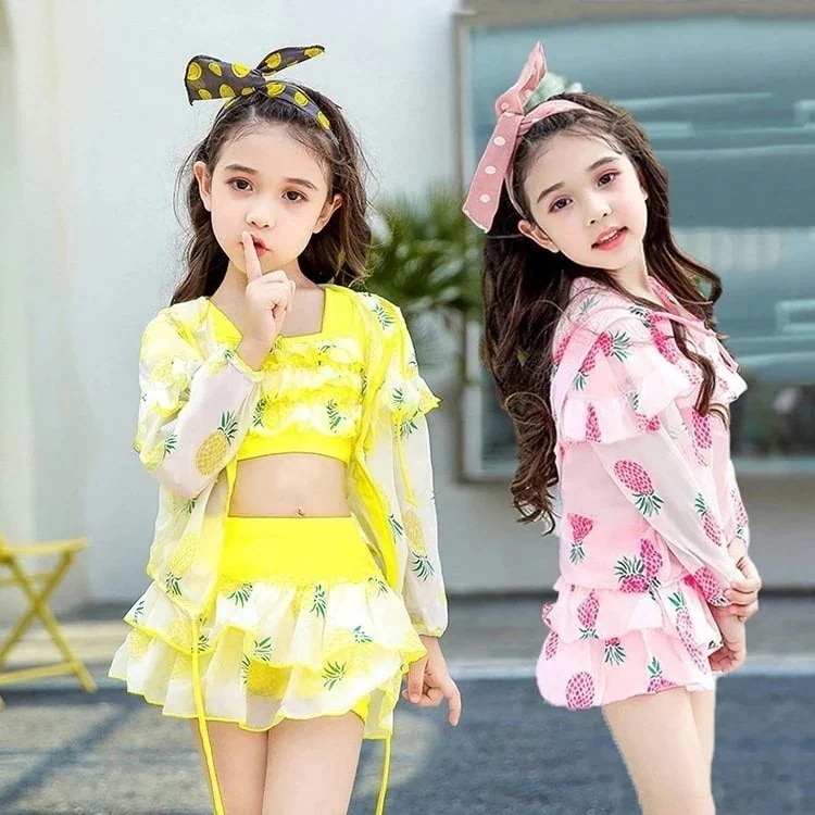 女の子 女児 3点セット ジュニア 女子 こども 水玉柄パイナップル柄 長袖ラッシュガード みずぎ 子供用 水着 ドット柄 ビキニ セパレート キッズ ジュニア