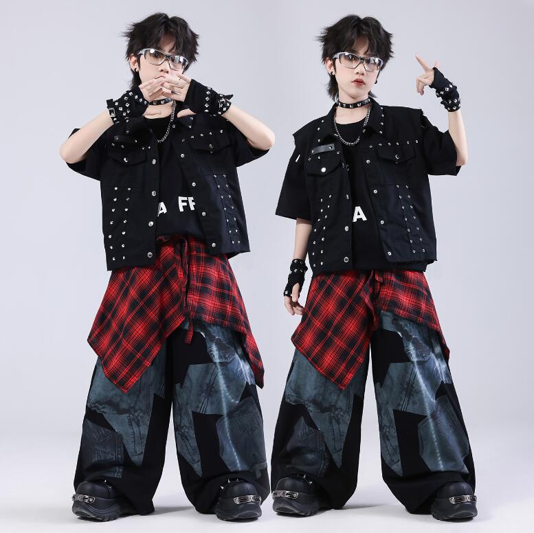 子供ダンス衣装 ジャズダンス ガーコパンツ ヒップホップ ゆったりＴシャツ黒ベスト ゆったりダンス衣装 女の子 ダンス衣装 イベント学園祭舞台ステー チェック柄スカーフジャズダンス衣装 7,068円