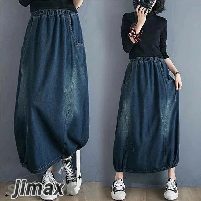 デニムスカート レディース ロング丈 ランタンスカート マキシ丈 ユーズド加工 無地 バルーン 美脚 ウェストゴム カジュアル おしゃれ 体型カバー 春 夏 秋 冬 30代 ウエストゴム 美脚 大人