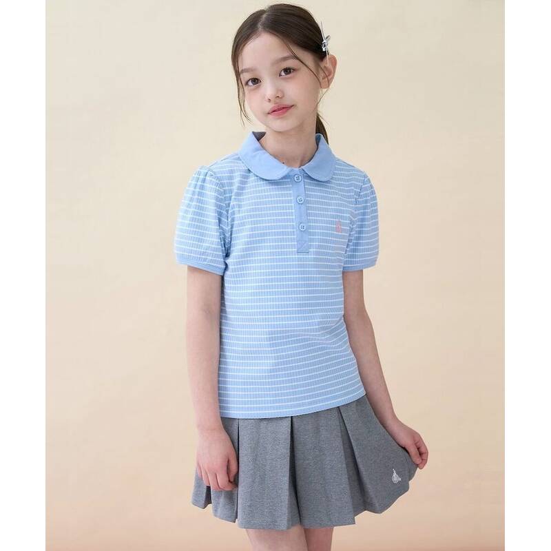 ビーンポールキッズ BEANPOLE KIDS Tカラー ストライプ リブ編み 半袖Tシャツ (BI6342G06Q) BI6342G06Q 363411