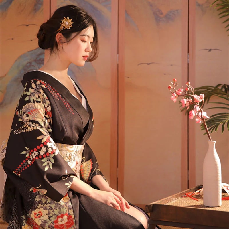 新しいスタイル 着物 浴衣 女性用 トラディショナル 四季 改良版 ブラック 日本スタイル 衣類