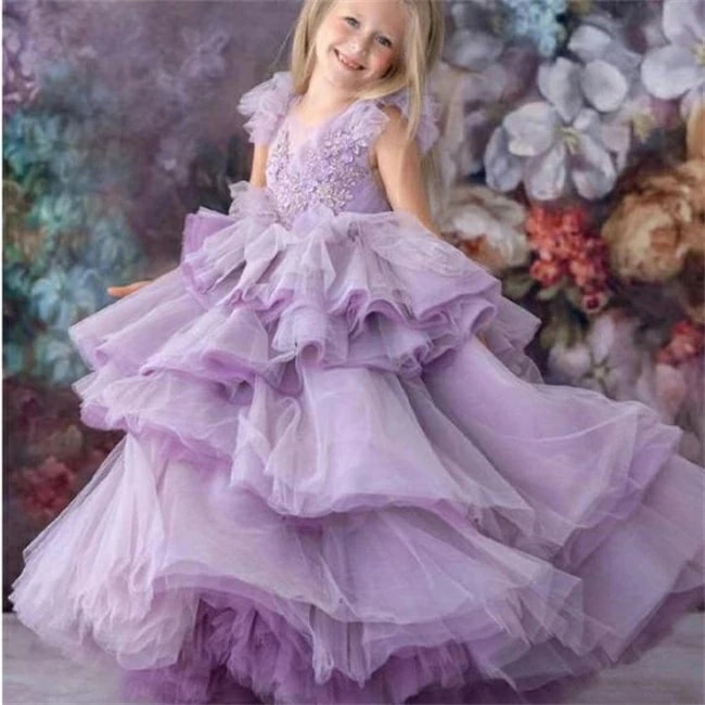 パープル ロングドレス　キッズ　ドレス　子供ドレス　Aライン　マキシ丈　フォーマルドレス　ワンピース　キッズ服 子供服 女の子 子ども　発表会　七五三　演出舞台結婚式卒業園　入園式 ピアノ　100