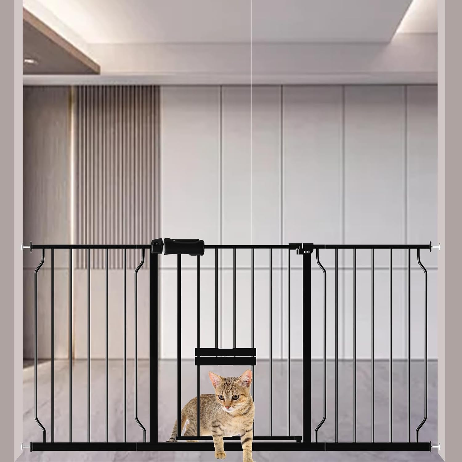 ベビーゲート ペットゲート 取付幅146-158cm 高さ78cm 中小型犬 猫用 突っ張り式 拡張フレーム付き ドア付き 自動閉鎖 扉開閉式 ブラック