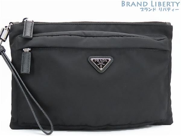 超美品プラダナイロンポーチセカンドバッグクラッチバッグハンドバッグハンドポーチストラップ付きブラック2NH007