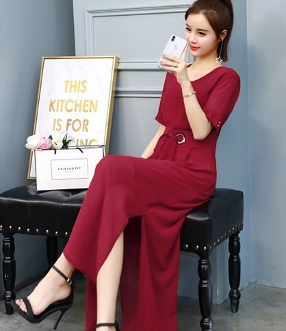 A1001.Vネックシースルードレス（ワインレッド）2019 春夏 sale 春夏 sale ワンピース 五分袖 サイドスリット エレガント お呼ばれ パーティー 結婚式 披露宴 女子会 レストラン