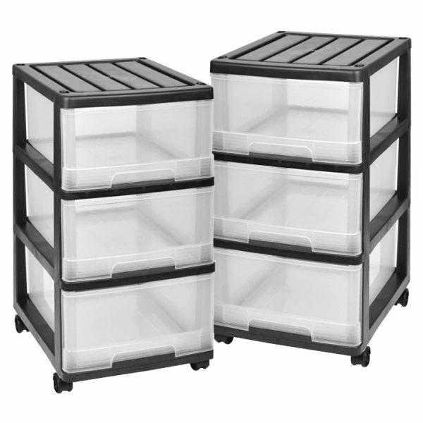 完成品 収納ケース プラスチック 引き出し 深型 3段 2個組 おしゃれブラック／クリア キャスター