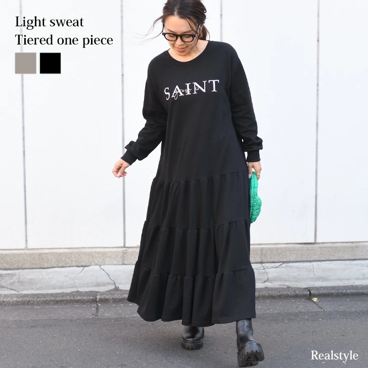 ライトスウェットロゴプリントティアードワンピース レディース 長袖 秋冬 ロング マキシ ゆったり 大きめ ラフ 可愛い スエット 体型カバー リラックス 楽ちん 妊婦 ぽっちゃり ワンマイル カジュ