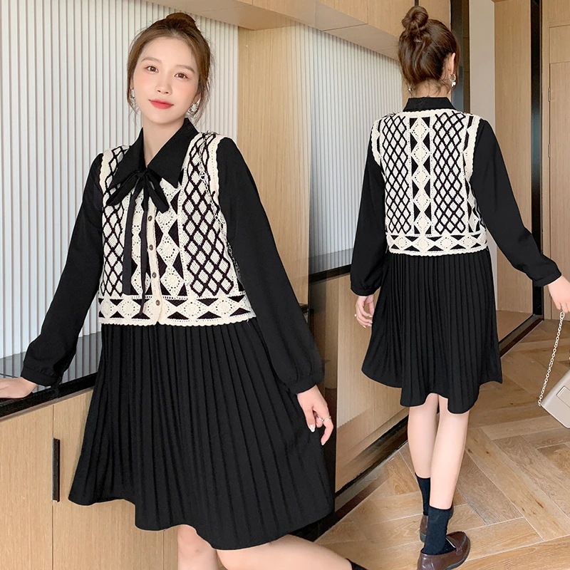 2022秋冬新秋ロングプリーツマタニティワンピース+ニットベスト2着