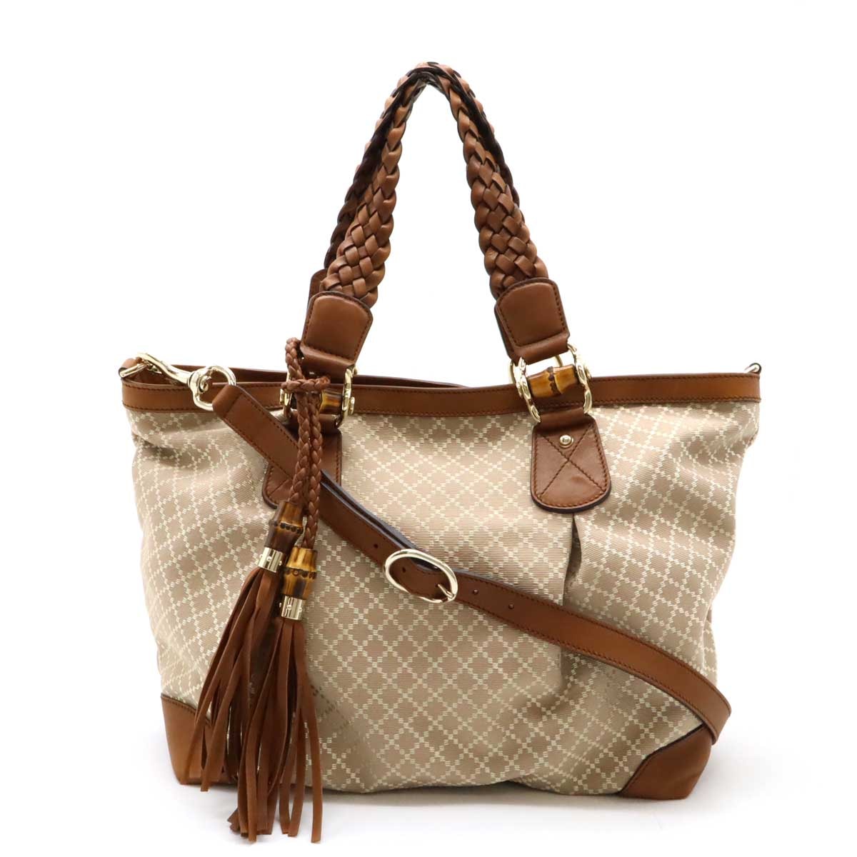 ディアマンテ バンブー トートバッグ 編み込みショルダー 2WAY ショルダーバッグ キャンバス レザー ローズベージュ ブラウン 28234