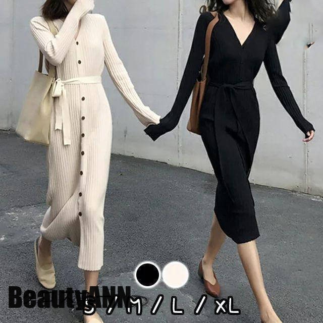 新生活 ワンピース レディース ニットワンピース 秋冬 ロングワンピース 長袖 秋 ニット ワンピース 大きいサイズ フロントボタン Vネック 大人可愛い 可愛い おしゃれ 秋 春 冬 秋物 冬物 プ