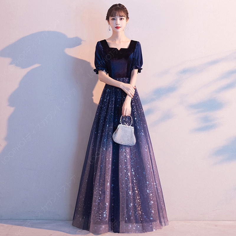 ドレス イブニングドレス ロングドレス スパンコール 星柄 パーティードレス ベロア ベルベット 紺色 ワイン赤 結婚式 成人式 二次会 パフスリーブ-69