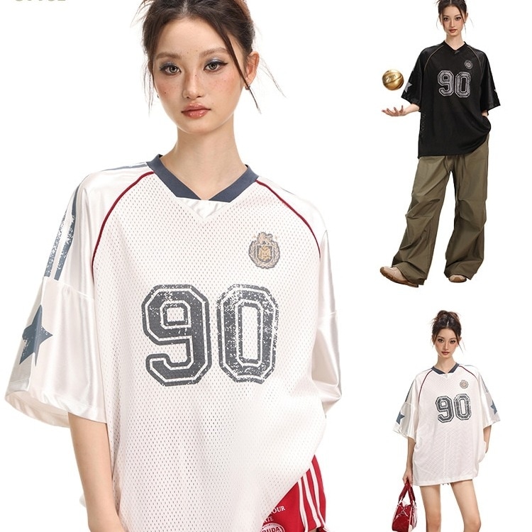 2025春夏 韓国可愛い風トップス Tシャツ K-POPファッション半袖ストリート系サイド丈フットシルエットダンスラグランゆったりシャツ衣装レディースサイズVネックおしゃれカジュアル春メンズ配色T