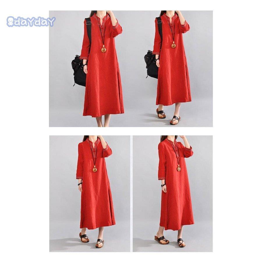 ワンピース ロング丈 レディース 春 7分袖 チュニック コットン リネン マキシ丈 体型カバー 刺繍 大きいサイズ Aライン きれいめ 着痩せ 無地 30代 40代