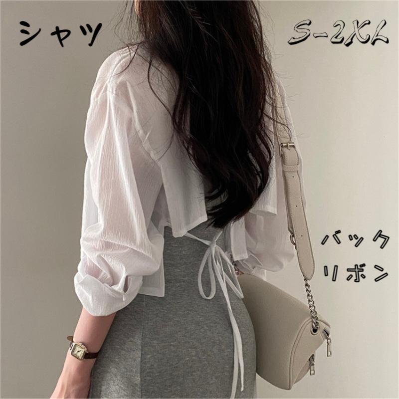 THOM WILLS バックリボン ショート丈 シャツ 透け感 大きいサイズレディース トップス ブラウス シアーショート丈シャツ ショートシャツ シアーシャツ 長袖シャツ 長袖 シアー 短い 春服