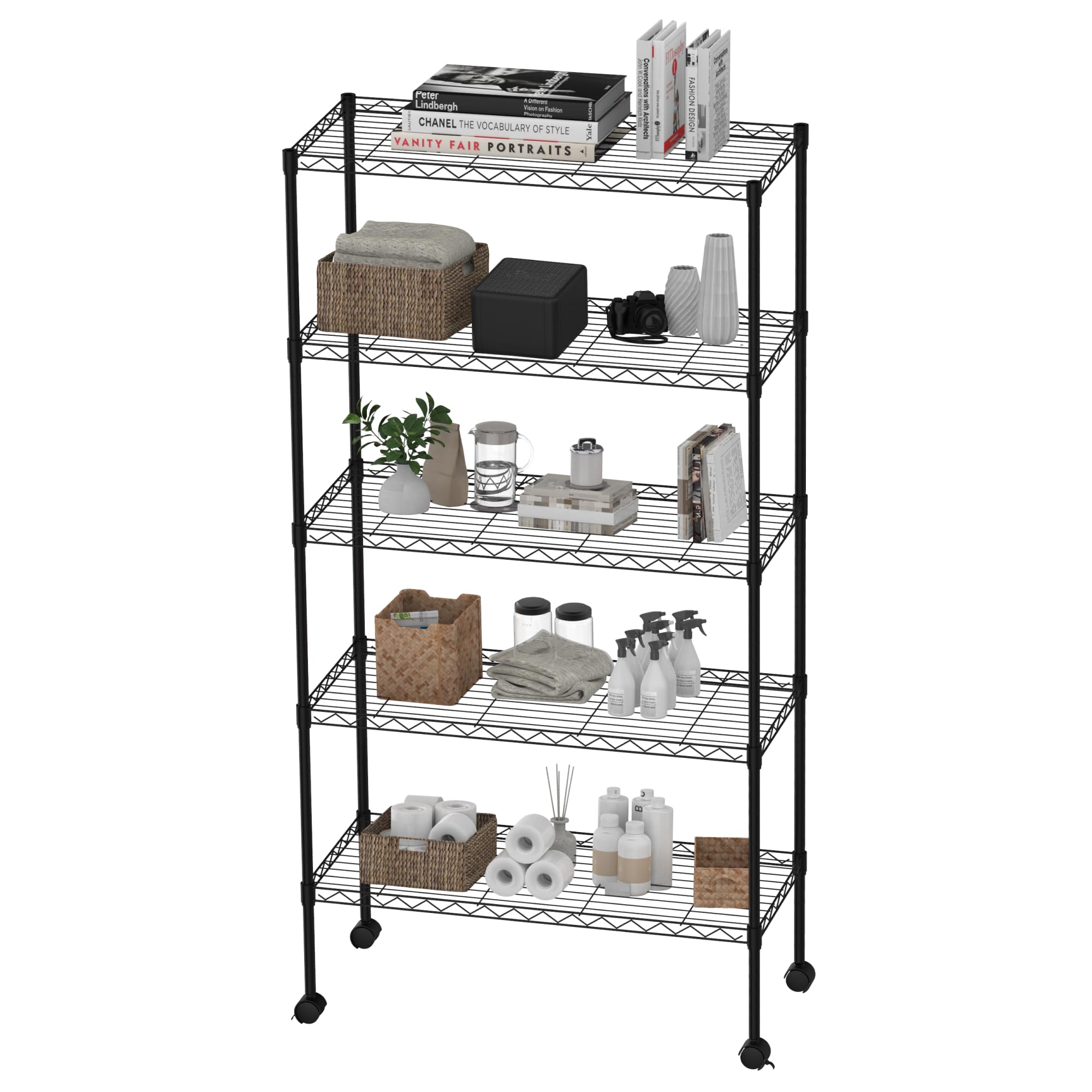 FLEXISPOT スチールラック CJ1 キッチンラック メタルラック 5段 幅80cm 収納棚 総耐荷重100kg キャスター付き 棚板上下調整可能 工具不要 防錆 (ブラック, 5段)