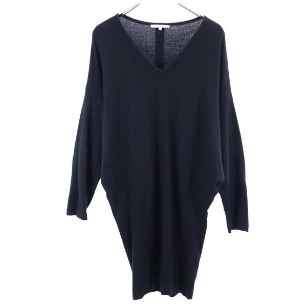 ウール 長袖 Vネック ニット ワンピース S 黒 レディース