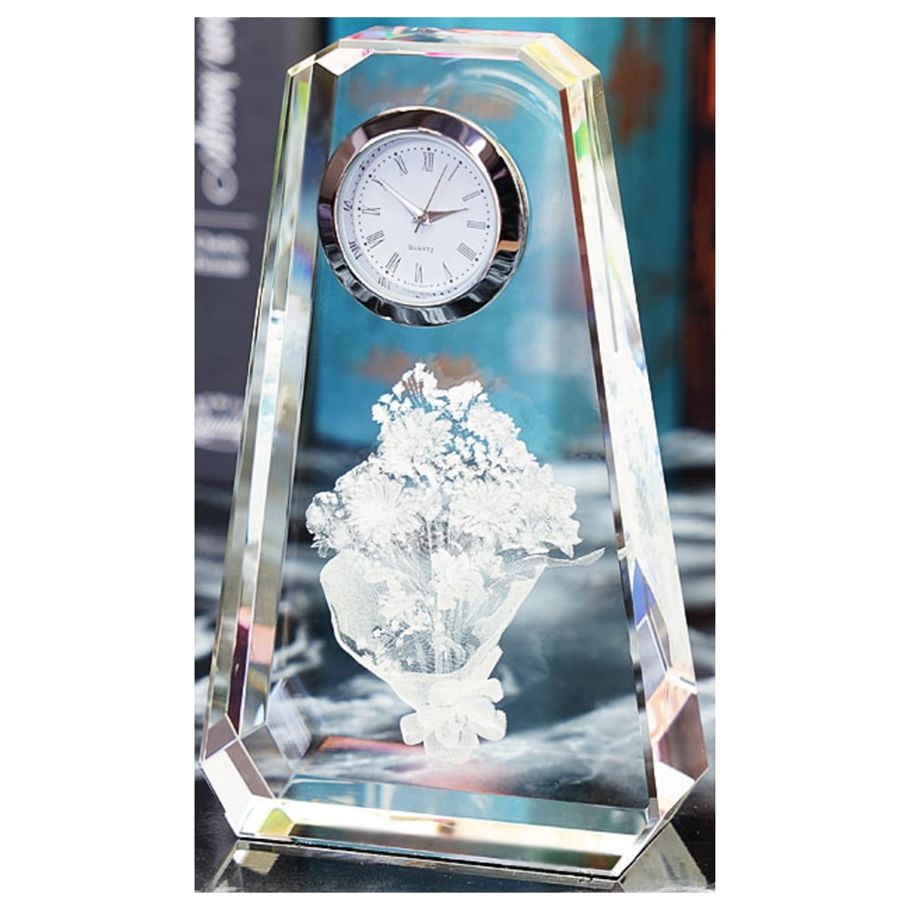 クリスタル 置き時計 花束 名入れメモリアル 卓上時計 置時計 還暦祝い 退職祝い 長寿祝い 表彰トロフィー オリジナル ギフト ファンタジークロック