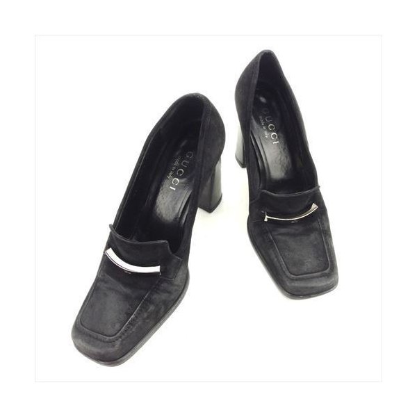 パンプス シューズ 靴 ロゴプレート 35ハーフC チャンキーヒール ブラック シルバー 中古