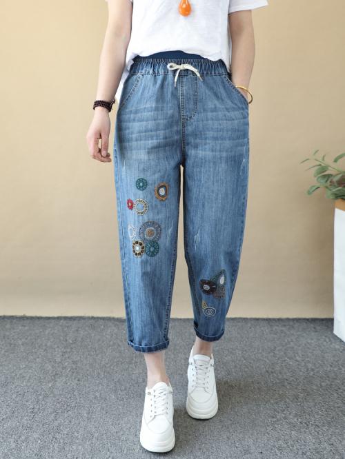 デニム パンツ レディース ジーンズ エスニック 刺繍 おしゃれ ボトムス 春夏 花 クロップド 大きいサイズ ハイウエスト ストレート 薄手 ウエストゴム ブルー