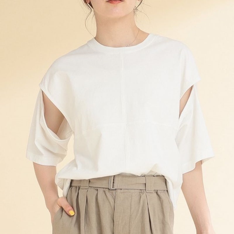 2way カットアウトスリーブ オーバーサイズ Tシャツ カジュアル レディース トップス 半袖 ラウンドネック かわいい 大人可愛い シンプル おしゃれ かっこいい こなれ感 ラフ マニッシュ
