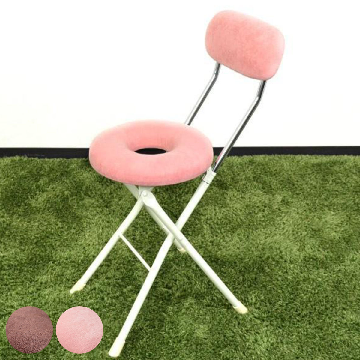 折りたたみ椅子 座面高48.5cm ドーナツクッション 背もたれ付 スイーツチェア 簡易 丸 椅子 イス いす パイプ椅子 日本製 完成品 円座 おしゃれ ダイニングベロア調 スウェード調