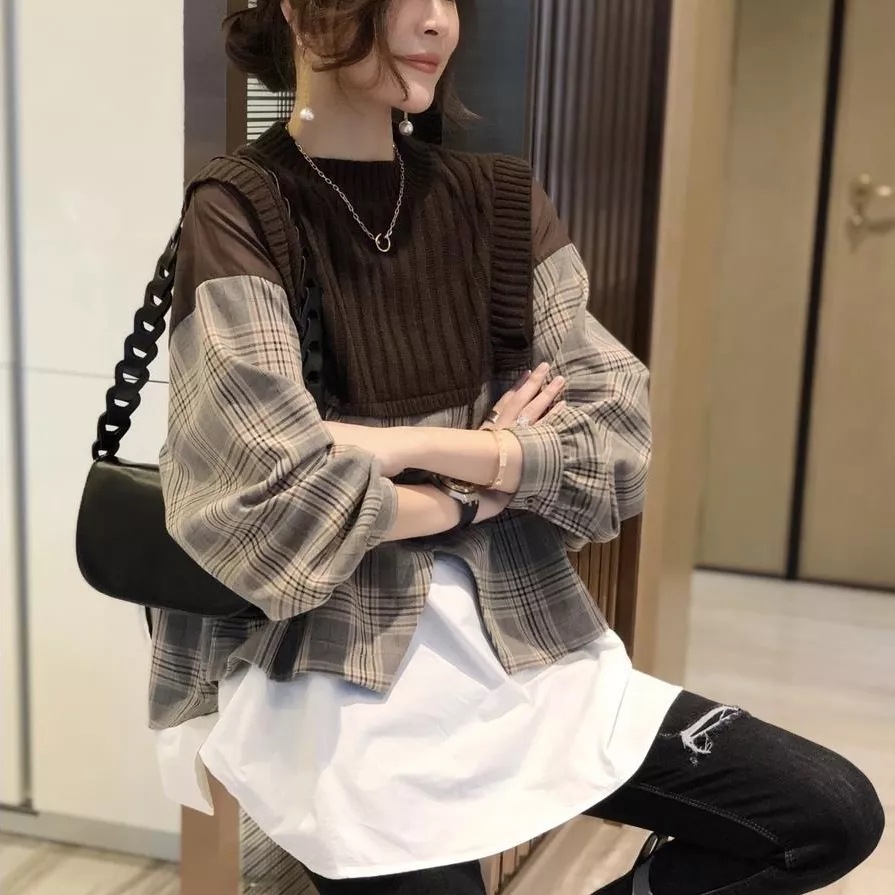 【秋超人気商品】 重ね着風 チェック柄 ニット 切り替え 不規則 シャツ