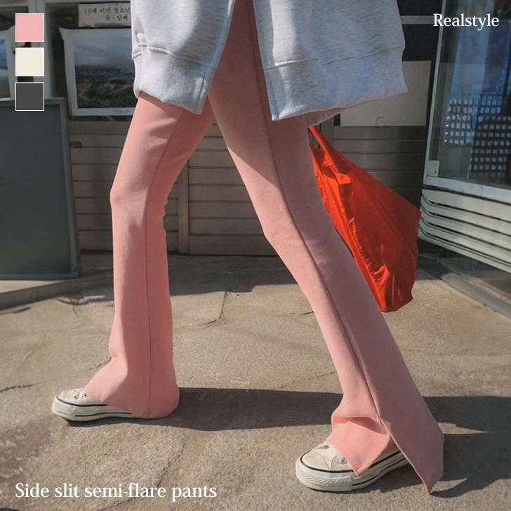 サイドスリットフルレングスセミフレアパンツ レディース ボトムス レギンスパンツ おしゃれ かわいい ベーシック ウエストゴム ストレッチ 伸縮性 フィット 細身 韓国ファッション