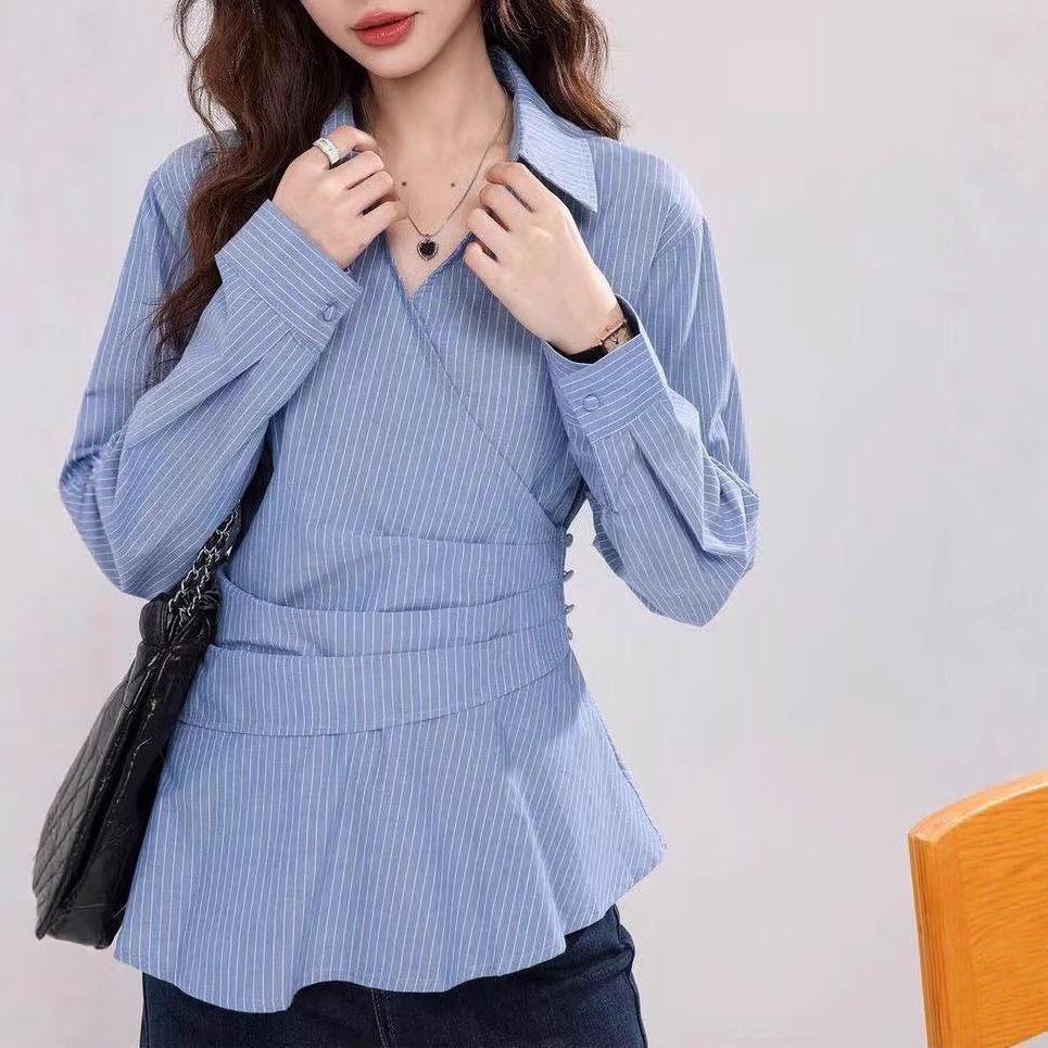 【送.料.無.料.急速発送】ブルーホワイトストライプシャツ2025秋デザイン感ウエスト収納長袖