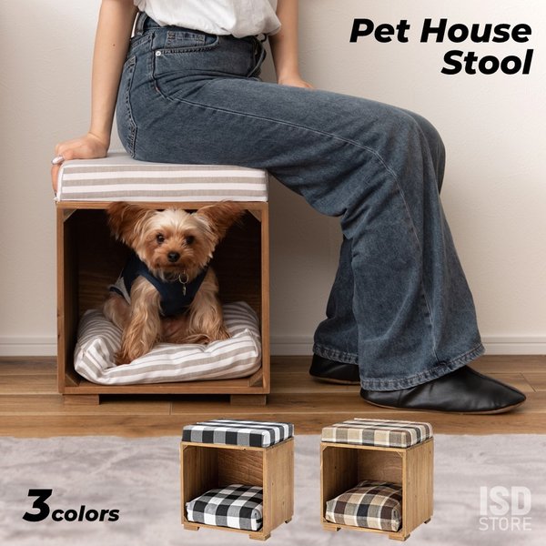 ペットハウス スツール 犬 猫 ペット クッション付き ボックス 天然木 チェック ボーダー ストラ 5,347円