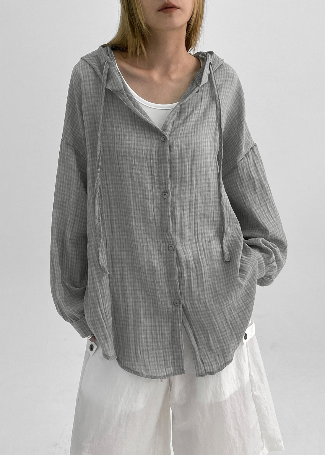 シャリーチェックサマーフードシャツ