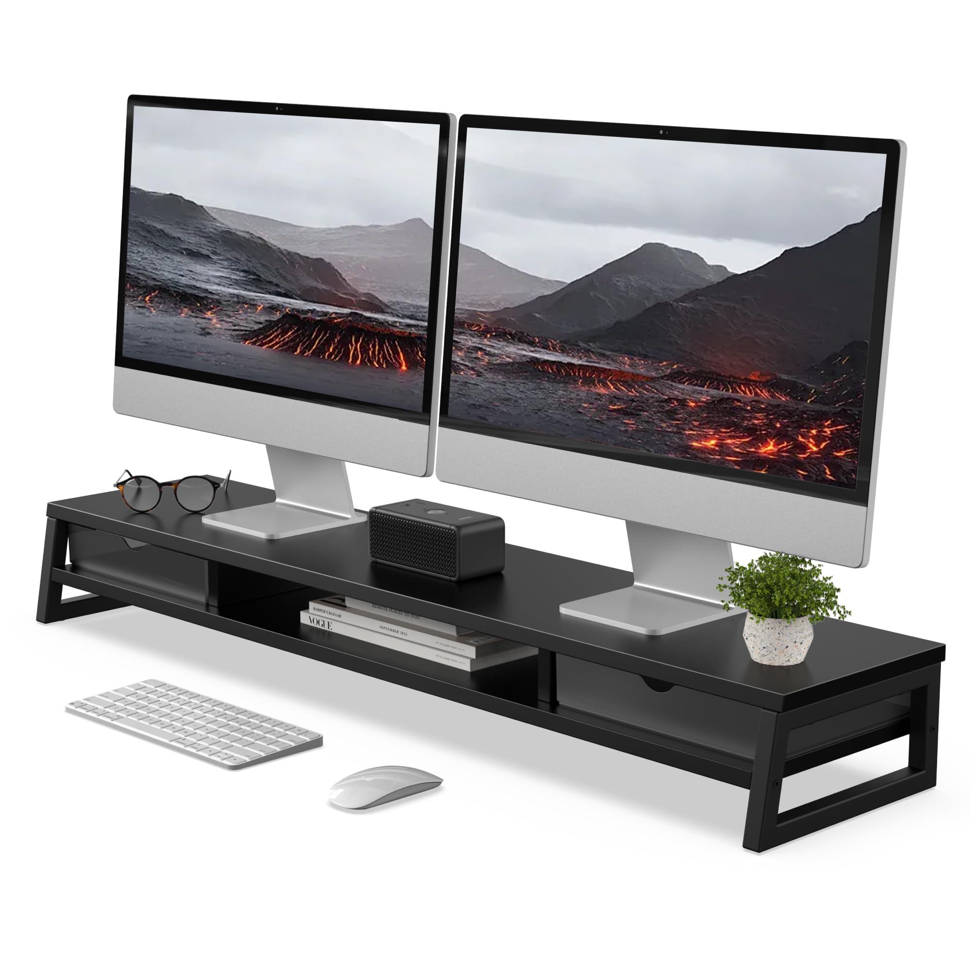 Fenge モニター台 卓上 デスクシェルフ モニタースタンド パソコン台 引き出し付き2段 木製 幅108cm pc台 机上台 デュアルモニター 台 机上ラック 卓上台 デスク周り収納 ディスプレイ