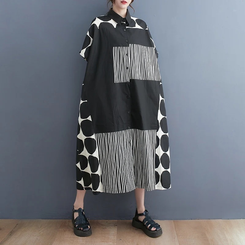 ロングワンピース大きいサイズ2024夏の新型黒＆白デザイン感通勤半袖シャツワンピース