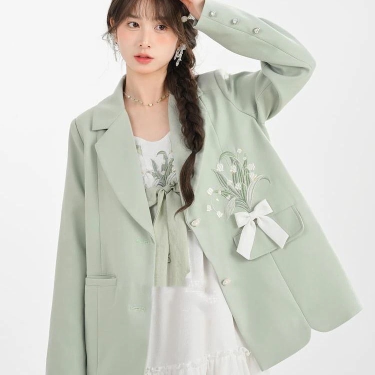 緑刺繍アウター 新作ルーズ 高級感 小柄女性用 春秋 スーツ