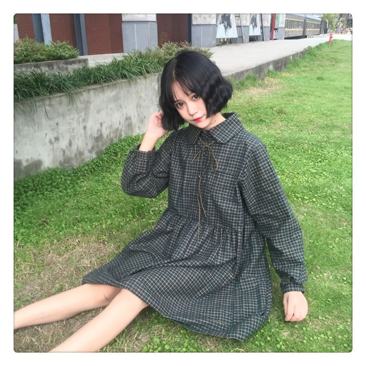 1075．チェック柄カジュアルミニワンピース（グリーン）