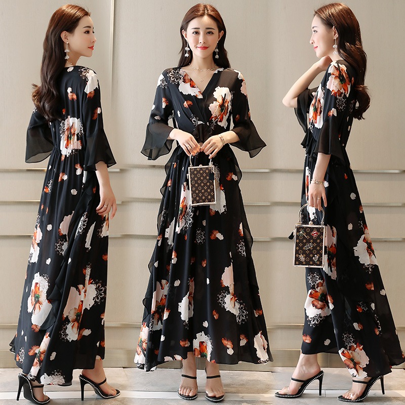 レディース ワンピース ワイドパンツ ロングスカート マキシ丈 7分袖 フレアスリーブ Vネック