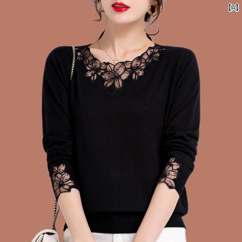 レディース　シャツ　レース　シルク 2025年 桑 シルク 長袖 Tシャツ レディース レース 襟 春秋 ママ ファッション ニット ボトムス トップ